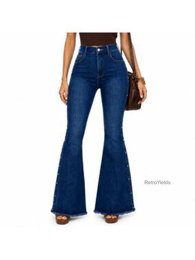 High Waisted Bell Bottom Jeans Stretch Frayed Hem Flare Denim